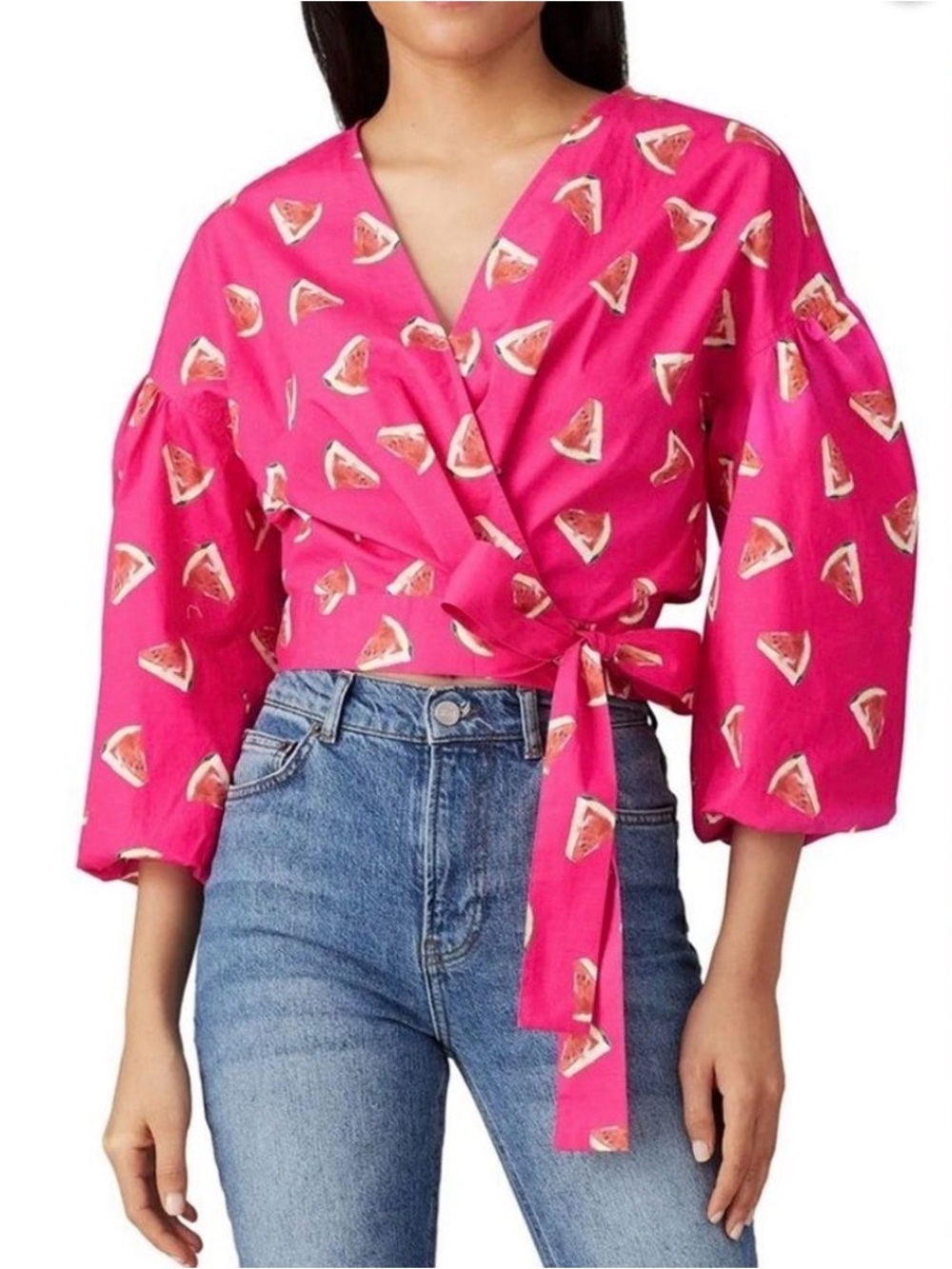 Color Me Courtney Pink Watermelon Cropped Emily Wrap Statement Top Puff Sleeves
